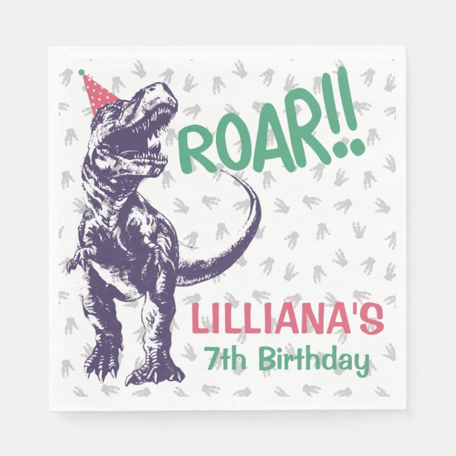 Dinosaur T-Rex in Party Hat Pink & Purple Birthday Napkin (Front)