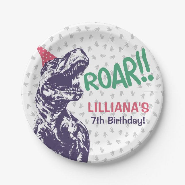 Dinosaur T-Rex in Party Hat Pink & Purple Birthday Paper Plate (Front)