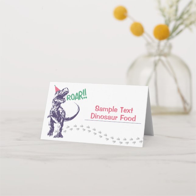 Dinosaur T-Rex in Party Hat Pink & Purple Birthday Place Card (Front)