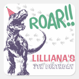 Dinosaur T-Rex in Party Hat Pink & Purple Birthday Square Sticker