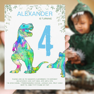 Dinosaur T. rex jungle 4th Birthday Party blue Invitation