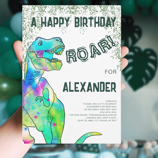 Dinosaur T-Rex Jungle Birthday Party Invitation (Dinosaur T-Rex roar jungle birthday party invitation with modern green typography and colorful dino)