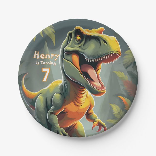 Dinosaur T Rex Jurassic Kid's Birthday Paper Plate (Front)