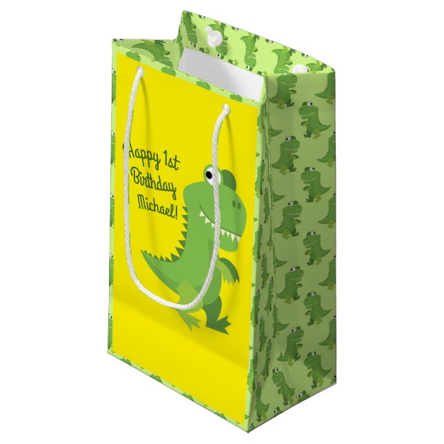 Dinosaur T-rex Kids 1st Birthday Dino Party Small Gift Bag (Front Angled)