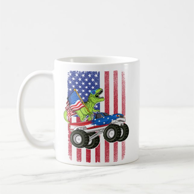 Dinosaur T Rex Monster Truck American Flag  Coffee Mug (Left)