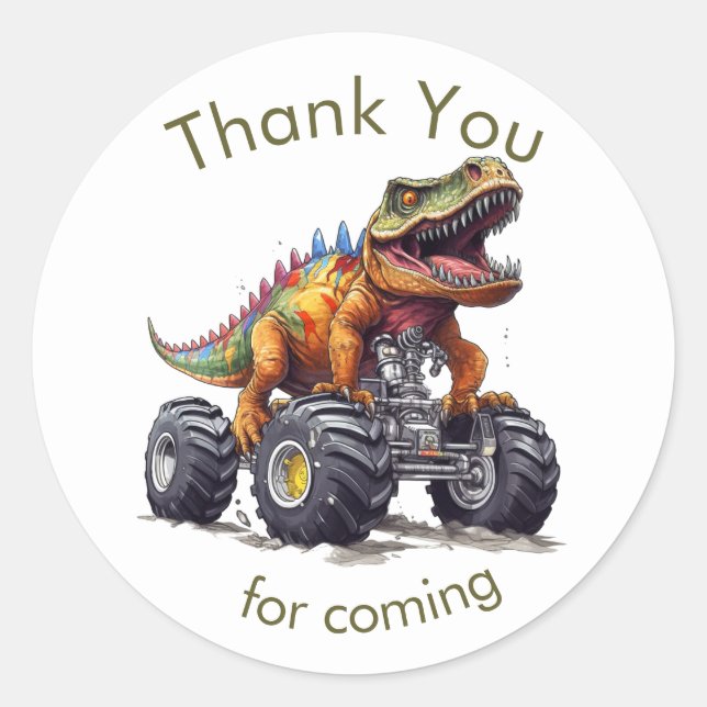  Dinosaur T-Rex Monster Truck, Thank You Classic Round Sticker (Front)
