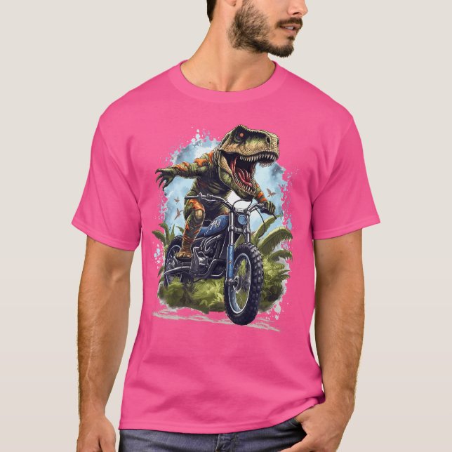 Dinosaur T Rex On Dirt Bike Funny Dinosaur Motorbi T-Shirt (Front)