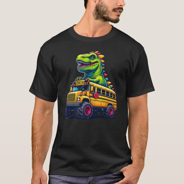 Dinosaur T-rex On Monster Truck School Bus Driver  T-Shirt (Front)