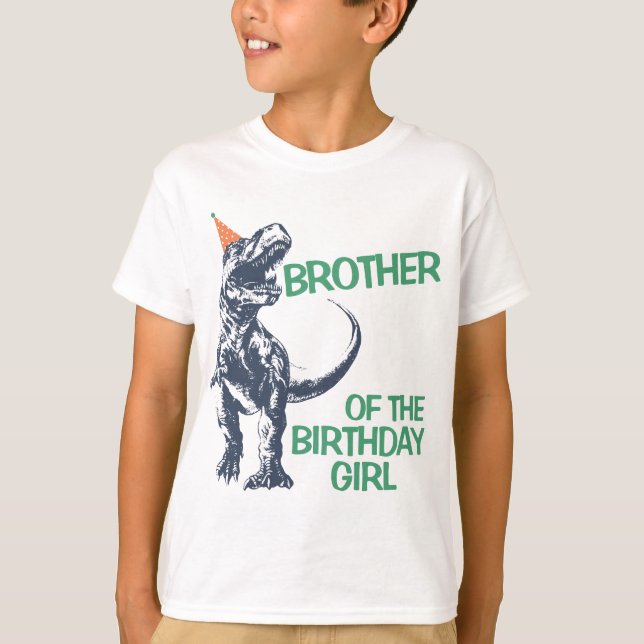 Dinosaur T-Rex Party Hat Brother of Birthday Girl T-Shirt (Front)
