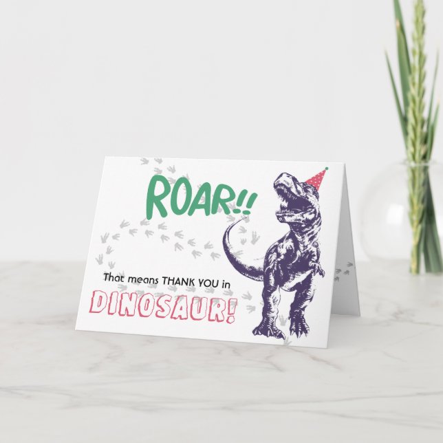 Dinosaur T-Rex Party Hat Pink & Purple Thank You Card (Front)