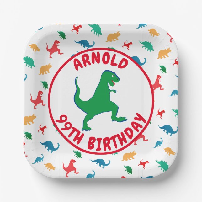 Dinosaur T-Rex Pattern Boy 3th Birthday Party Paper Plate (Front)