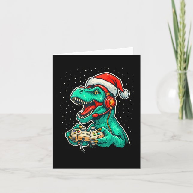 Dinosaur T Rex Playing Video Game Santa Hat Christ Card (Front)