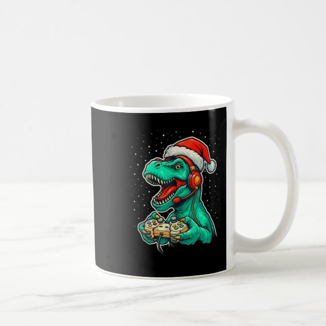 Dinosaur T Rex Playing Video Game Santa Hat Christ Coffee Mug (Right)