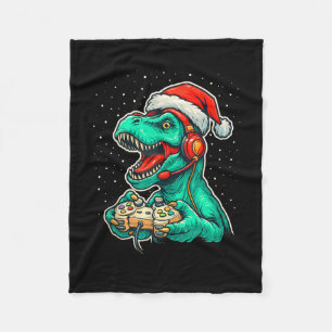 Dinosaur T Rex Playing Video Game Santa Hat Christ Fleece Blanket