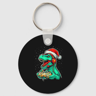 Dinosaur T Rex Playing Video Game Santa Hat Christ Key Ring