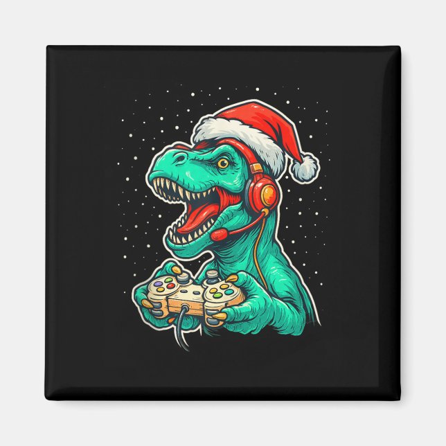 Dinosaur T Rex Playing Video Game Santa Hat Christ Magnet (Front)