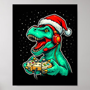 Dinosaur T Rex Playing Video Game Santa Hat Christ Poster
