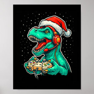 Dinosaur T Rex Playing Video Game Santa Hat Christ Poster