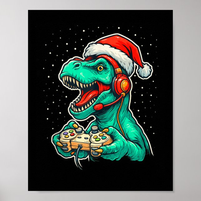 Dinosaur T Rex Playing Video Game Santa Hat Christ Poster (Front)