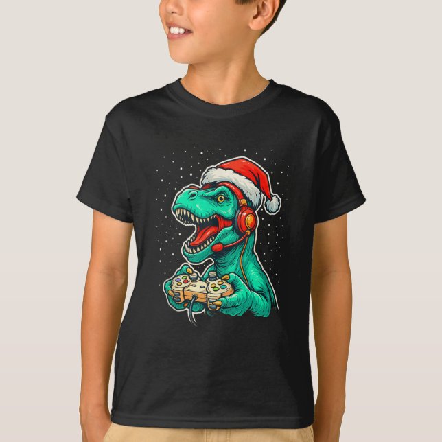 Dinosaur T Rex Playing Video Game Santa Hat Christ T-Shirt (Front)