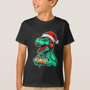 Dinosaur T Rex Playing Video Game Santa Hat Christ T-Shirt