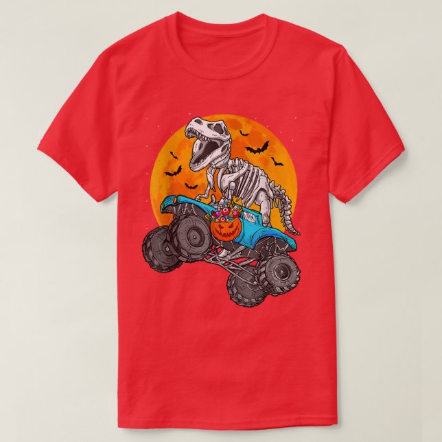 Dinosaur T Rex Riding Monster Truck Moon Halloween T-Shirt (Design Front)
