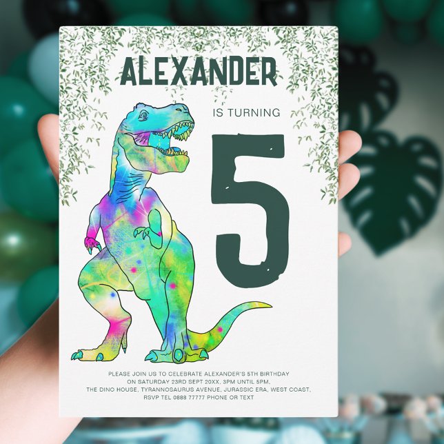 Dinosaur T-Rex Roar 5th Birthday Party Invitation (T-rex roar dinosaur jungle 5th birthday party invitation )