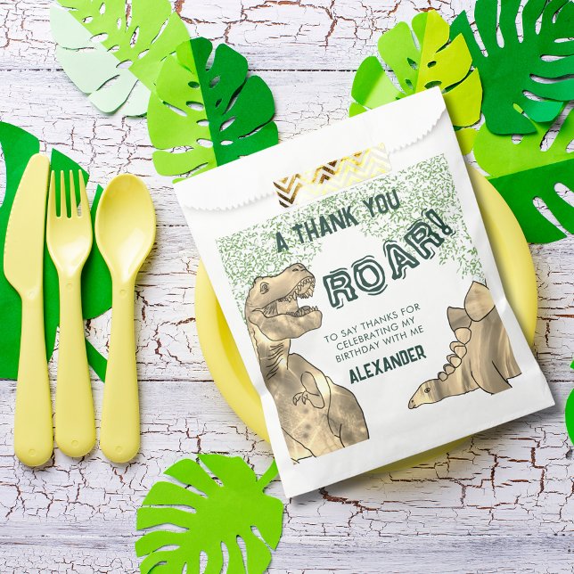 Dinosaur T-Rex Roar Birthday Party Thank You Favour Bags (Dinosaur roar jungle birthday party thank you custom favor bags with T-Rex and stegosaurus )