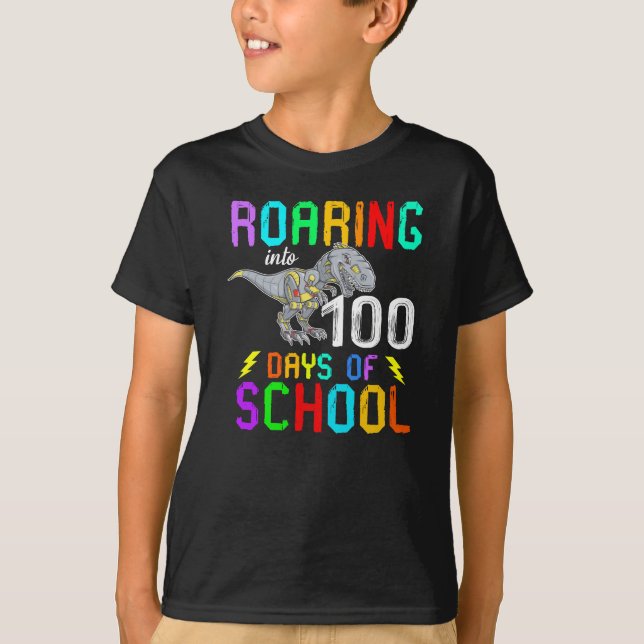 Dinosaur T-Rex Roaring Into 100 Days Of School T-Shirt (Front)