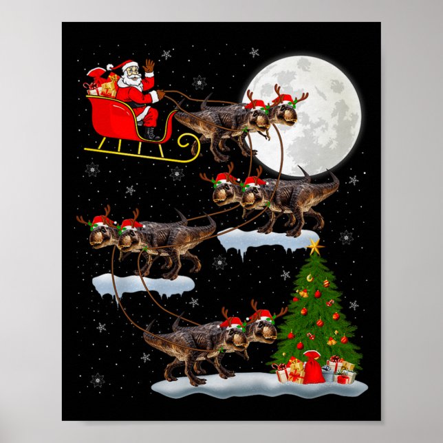 Dinosaur T-rex Santa Sleigh Flying Funny Magical C Poster (Front)