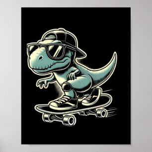 Dinosaur T Rex Skateboarding Funny Retro Skating Poster
