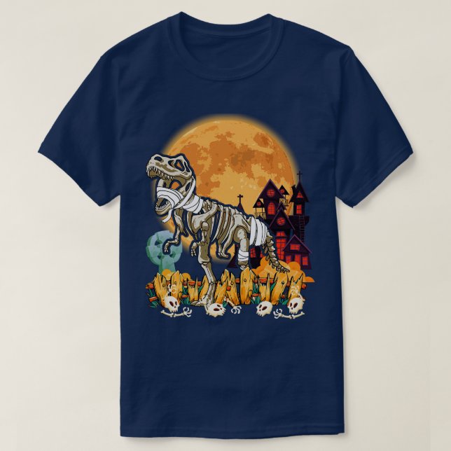 Dinosaur T Rex Skeleton Pumpkin With Moon Hallowee T-Shirt (Design Front)
