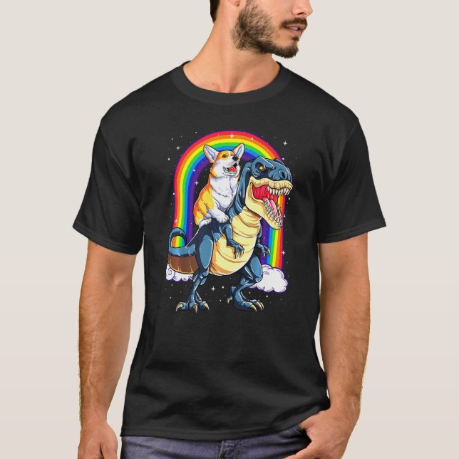 Dinosaur T Rex Space Galaxy Rainbow Corgi T-Shirt (Front)