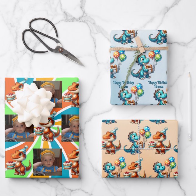 Dinosaur T-rex themed Personalised Birthday Wrapping Paper Sheet (Front)