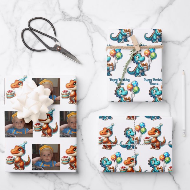 Dinosaur T-rex themed Personalised Birthday Wrapping Paper Sheet (Front)
