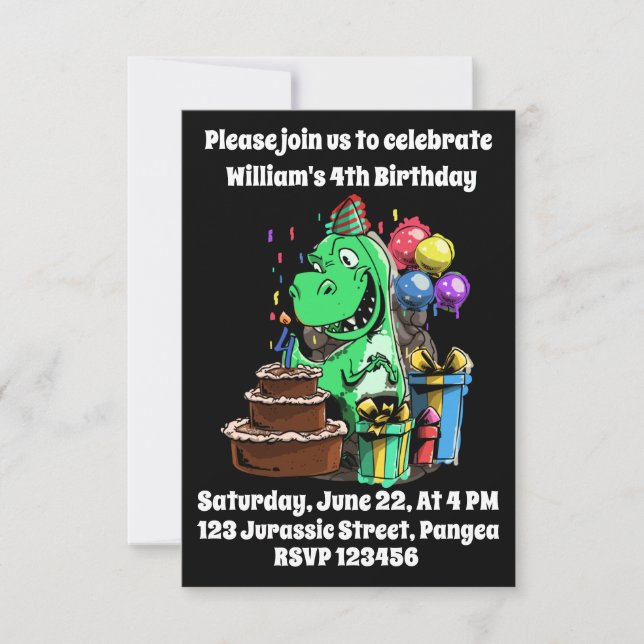 Dinosaur, T Rex, Tyrannosaurus, 4th Bday, Birthday Invitation (Front)
