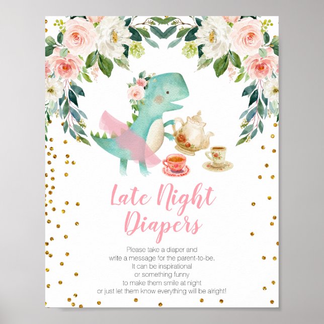 Dinosaur Tea Party Baby Shower Late Night Diapers Poster (Front)