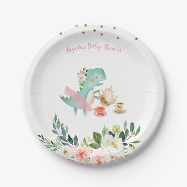 Dinosaur Tea Party Birthday Baby Shower Paper Plate (Front)