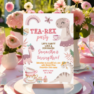 Dinosaur Tea-Rex 3rd Girl Birthday Party  Invitation