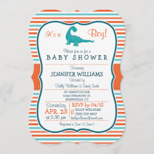 Dinosaur; Teal & Orange Stripes Baby Shower Invitation