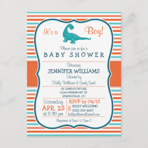 Dinosaur; Teal & Orange Stripes Baby Shower Invitation Postcard