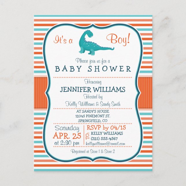 Dinosaur; Teal & Orange Stripes Baby Shower Invitation Postcard (Front)