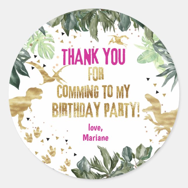 Dinosaur Thank You Favour Girl T-rex  Classic Round Sticker (Front)