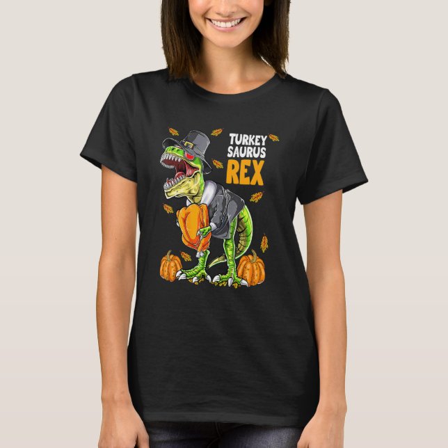 Dinosaur Thanksgiving Boys Turkey Saurus Rex Pilgr T-Shirt (Front)