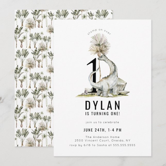 Dinosaur Theme 1st Birthday Party Invitation (Front/Back)