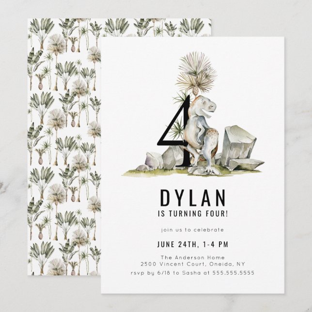 Dinosaur Theme 4th Birthday Party Invitation (Front/Back)