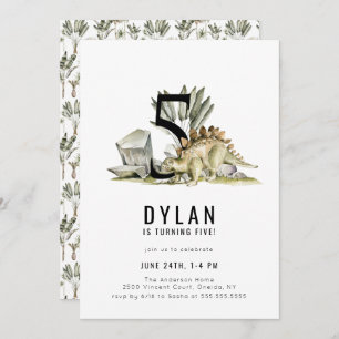 Dinosaur Theme 5th Birthday Party Invitation
