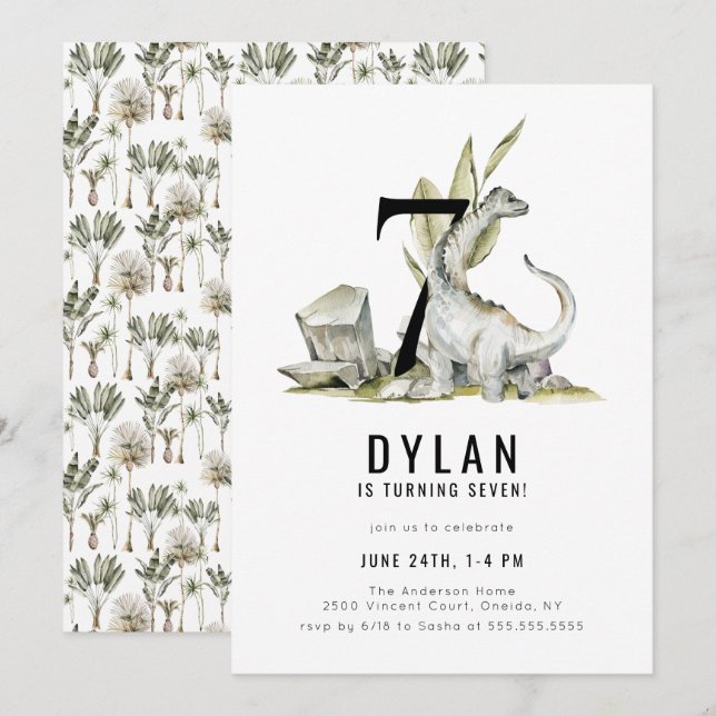 Dinosaur Theme 7th Birthday Party Invitation (Front/Back)