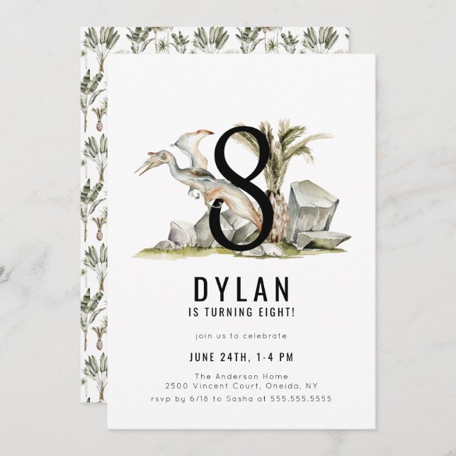 Dinosaur Theme 8th Birthday Party Invitation (Front/Back)