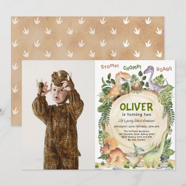 Dinosaur Theme Birthday Party Photo Invitation (Front/Back)